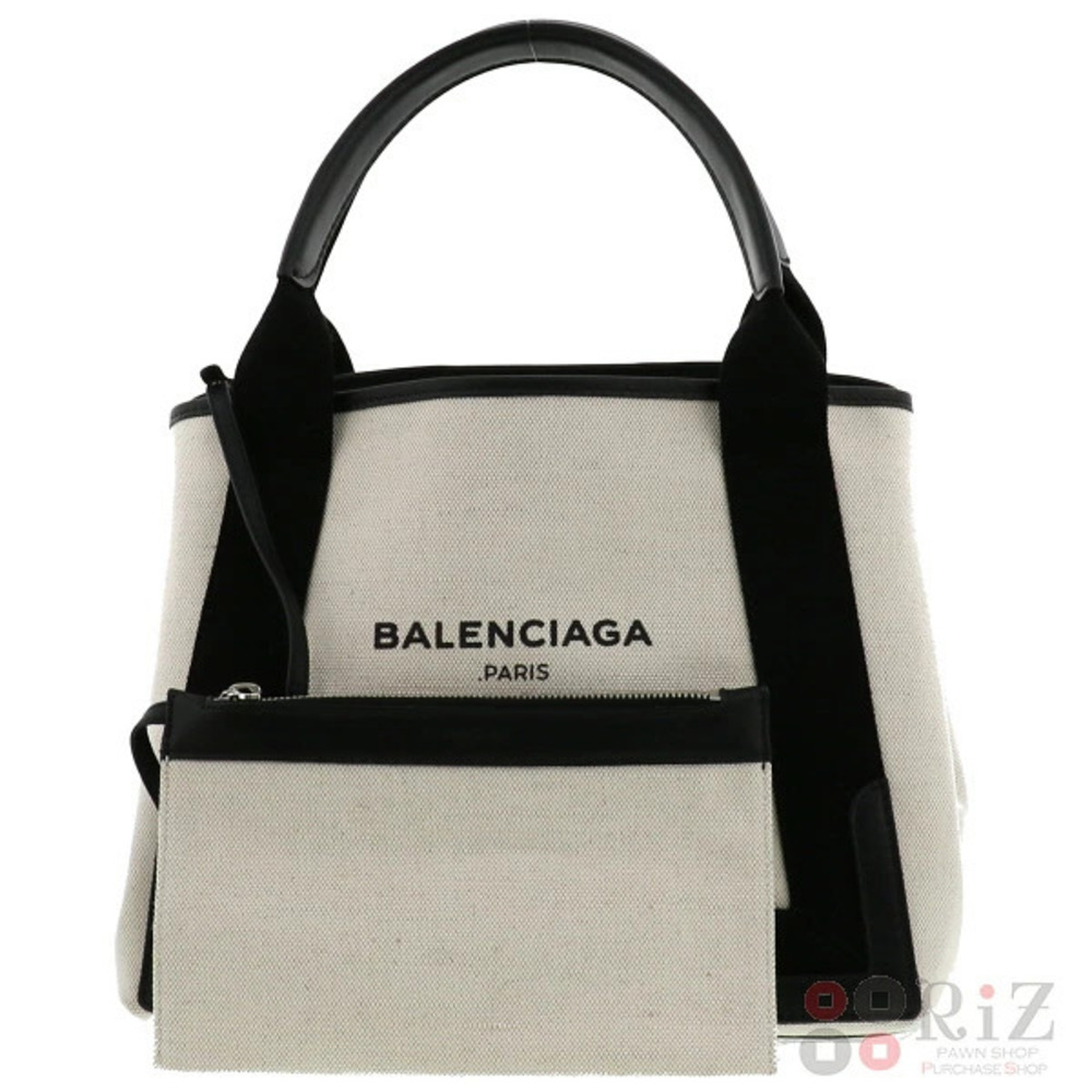 BALENCIAGA Navy Blue Cabas Bag Handbag White Black